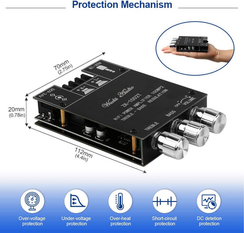 ZK-1002T 2.0CH 100W*2 9-24V Bluetooth Amplifier Board Mini Audio AMP with Treble and Bass Control, BT and AUX Inputs