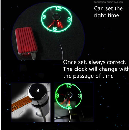 DECVO USB LED Clock Fan - 90mm USB-Powered Portable Mobile Fan with Clock, LED Light Time (2 PACK)
