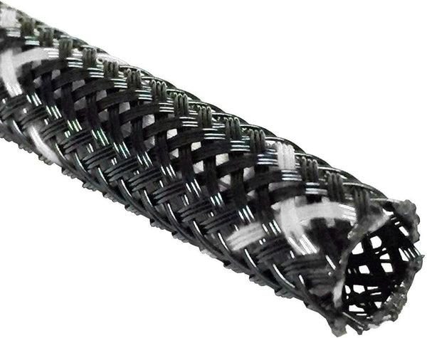 Electriduct 3/8" PET High Flame Retardant Expandable Braided Cable Sleeve - Black with White Tracer, 25 Feet