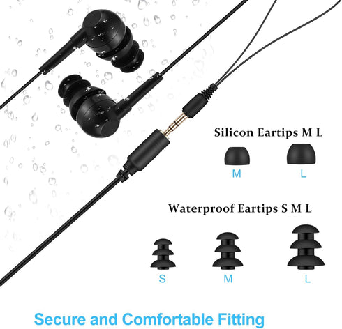 AGPTEK IPX8 Waterproof Black In-Ear Earphones with Coiled Cable & Stereo Audio Extension for Swimming.