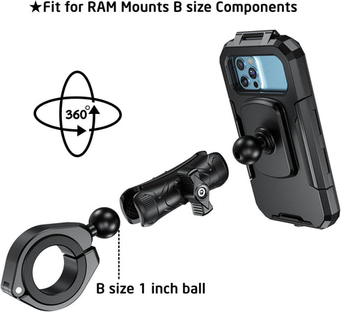 iMESTOU Waterproof ATV Phone Mount with Aluminum 1" Ball, Large Clamp Adapter for 5.5"-6.8" Smartphones, Fits ATV UTV