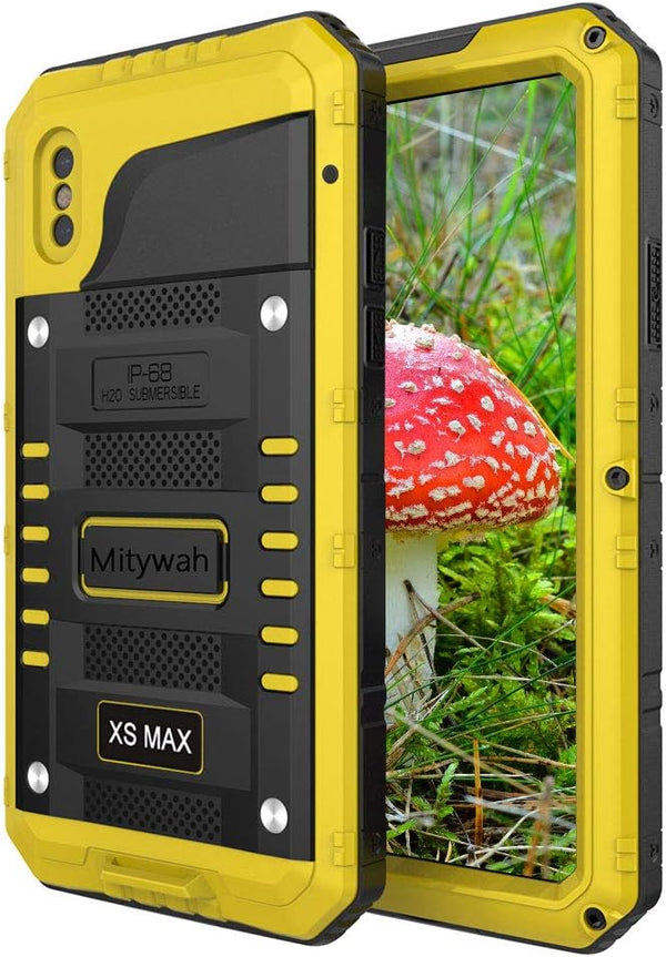 Mitywah Heavy Duty Military Armor Metal Case for iPhone Xs MAX, Waterproof, Shockproof, Dustproof, Rugged, Yellow