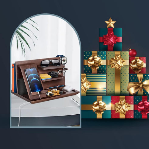 Gifts for Men, Wood Phone Docking Station, Key Holder Stand, Watch Organizer, Nightstand Gift for Husband, Dad, Birthday