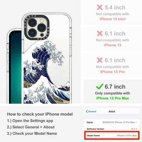 MOSNOVO Case for iPhone 13 Pro Max, Military-Grade Drop Protection, Clear TPU Bumper Phone Cover, Great Wave