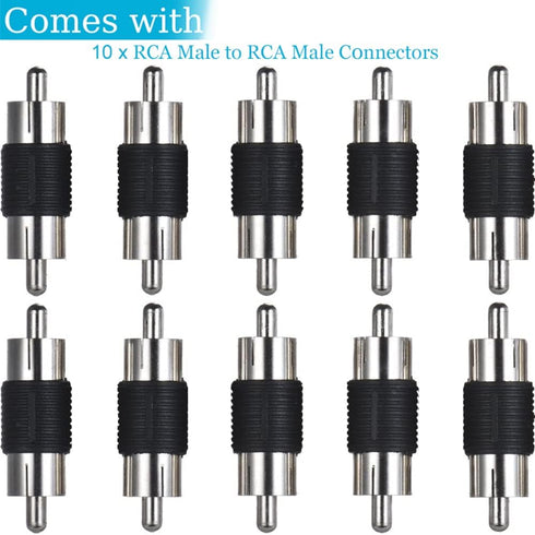 RCA Male to Male Coupler - 10-Pack, Dual Male Connector RCA M-M Adapter, Nickel Plated