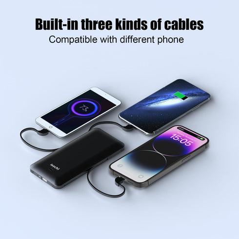 Ultra Slim 10000mAh Portable Power Bank with Built-in Cable, USB C External Battery Pack with Built-in AC Wall Plug,