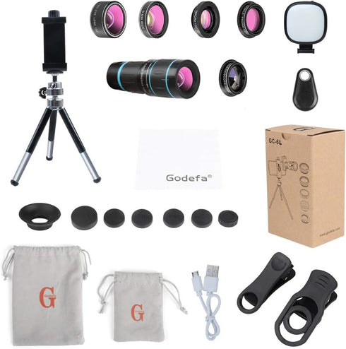 Phone Camera Lens Kit, 6 Lenses + LED Light + Remote Shutter + Tripod for iPhone & Android