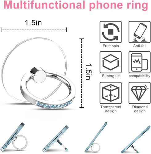 Transparent Phone Ring Holder 4 Pcs, Clear Cell Phone Ring Holder with Diamond, Finger Grip 360°Rotation Compatible with Most of The Phones, Tablet and Case (Round 4pcs)