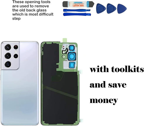 Galaxy S21 Ultra Back Glass Replacement for Samsung G998U, Housing Door Cover with Camera Glass Lens and Repair Tools