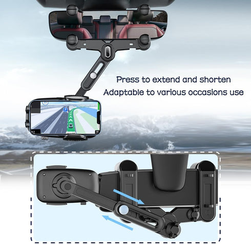 Rear View Mirror Phone Holder, 360° Rotatable + Retractable Universal Multifunctional Phone Mount for All Cars