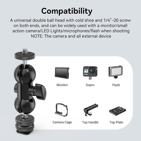 SMALLRIG 1/4" 1135 Cool Ballhead, Multi-Function Double Ball Dead Adapter with Shoe Mount & Screw for Monitors Led