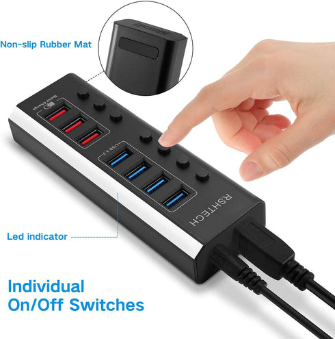 RSHTECH 7 Ports USB 3.0 Powered Hub with 4 High Speed Data Transfer + 3 Fast Charging Ports, 36W Adapter (A37-Black)