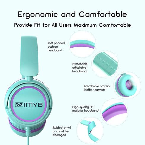 V1 Kids Headphones - Foldable, Wired Stereo, Tangle-Free 3.5mm, Adjustable On-Ear for School, Travel, Tablets (Green)