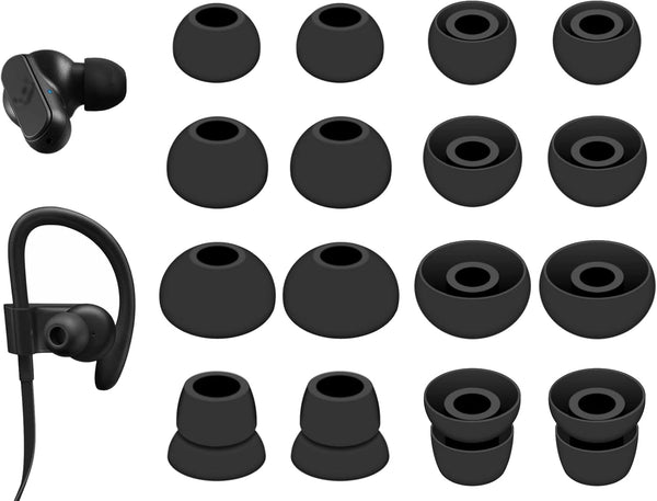 8 Pairs Silicone Ear Tips, Compatible with Powerbeats 3 2 1, Rubber Replacement Eartips for Skullcandy Earbuds, Black