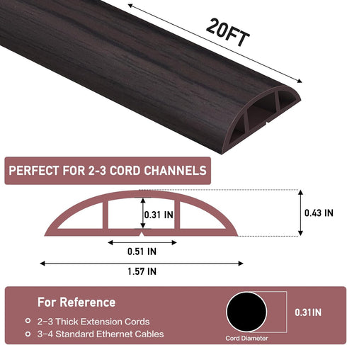 Floor Cord Cover, Self Adhesive Cord Hider, Dark Walnut, 20Ft, Prevent Cable Trips, 0.51" W x 0.31" H