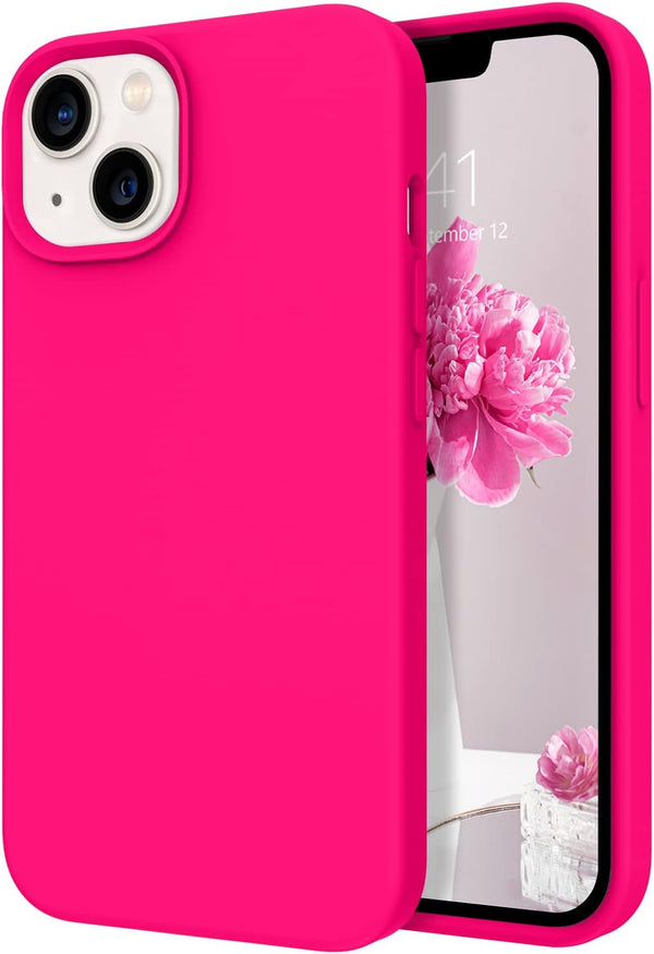 DOMAVER iPhone 13 Case - Hot Pink Silicone Soft Gel with Microfiber Lining for Cushion Protection.
