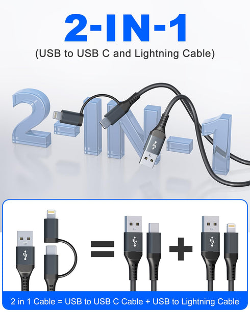 USB to USB C and Lightning Cable 2 in 1, 3A Fast Charging & Data Sync for Apple CarPlay & Android Auto