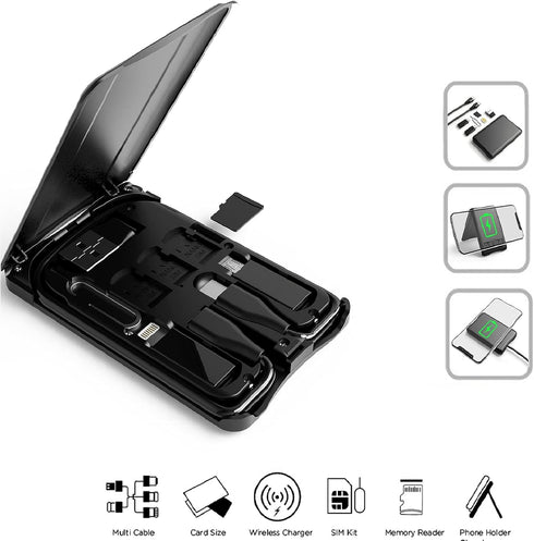 Data Cable Box with Wireless Charger, Multi-Type Charging Cable Convertor, Multi-Function Wireless Charger Adapter, Built-in Card Reader, Can Use as Phone Holder