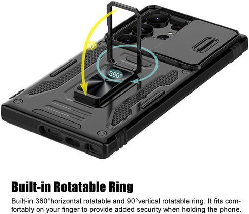 Shockproof Phone Case for Samsung Galaxy S24 Ultra, Sliding Camera Cover & Ring Holder Kickstand, Black