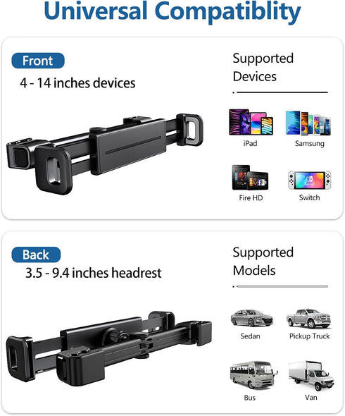 Car Headrest Backseat Mount, Phone/Tablet Holder, 360 Rotation, Adjustable Back Seat Tablet Holder for All 4"-14"