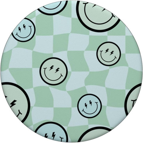PopSockets Standard PopGrip, Green Mint Retro Twisted Swirl Happy Smiling Face Checkered