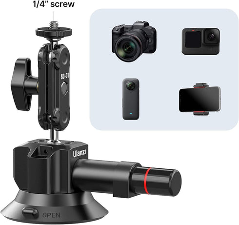 UURig SC-01 Suction Mount 3" for Vlogging Action Camera, Car Mount with Smartphone Clamp for iPhone 16 15 14 13