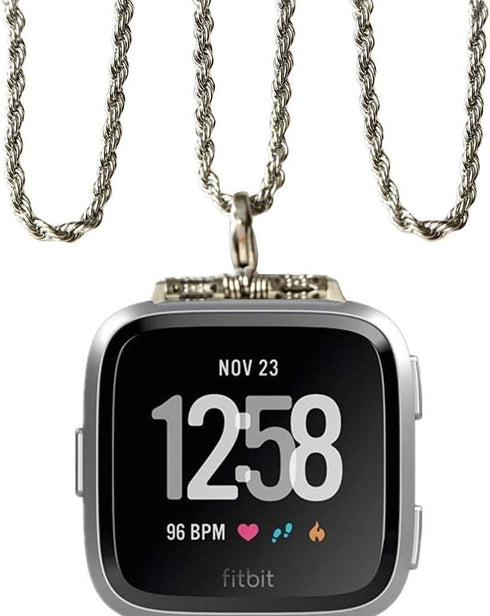Stainless Steel Chain Necklace Smartwatch Band Compatible with Fitbit Versa 1/2/Lite, Polished Silver Metal Twisted