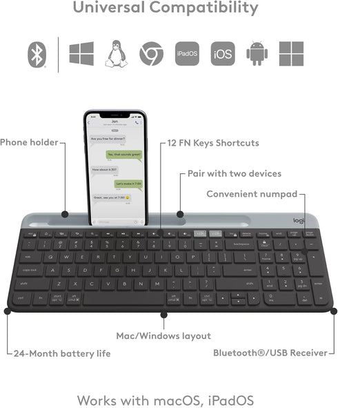 Logitech K585 Multi-Device Slim Wireless Keyboard with Built-in Cradle for Laptop, Tablet, Desktop, Smartphone