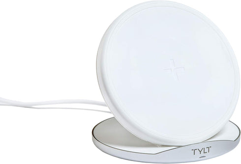 TYLT Crest Round Wireless Charger, Universal Fast Wireless Charging Pad, QI Certified 10w Max Compatible with Apple iPhones, Samsung Galaxy Phones, Wireless Buds and Other QI Capable Devices| White