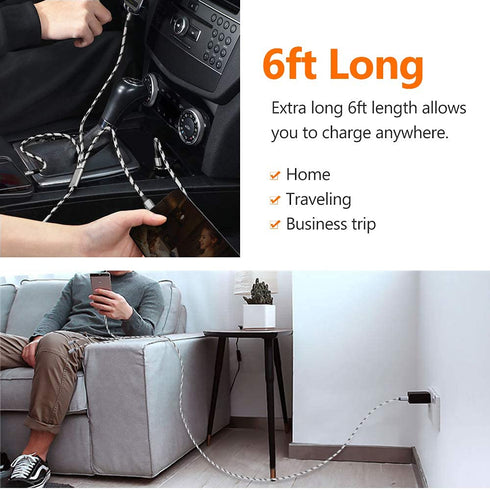 6ft Multi Charging Cable 2-Pack: 3-in-1 Braided USB Cable with Dual Type C & Micro USB for Cell Phones & Android