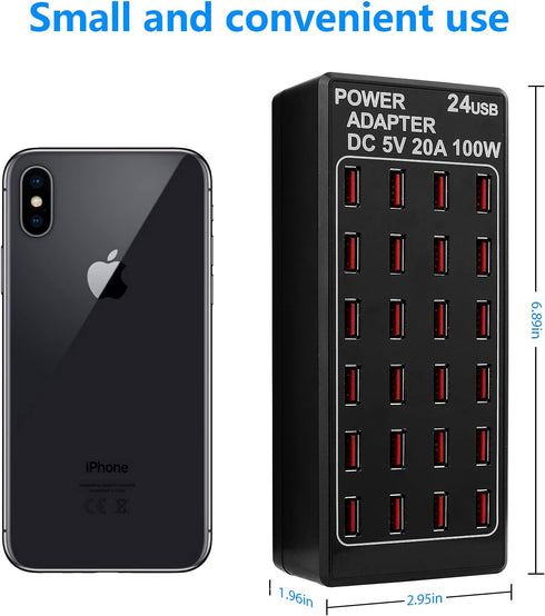 24-Port 100 Watt USB Charging Station, Home Desktop Fast Charger for Hotels, Shops, Schools, and Travel