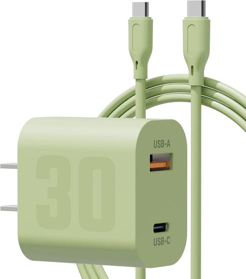 30W USB C GaN Charger for iPhone 15, Dual Port Fast Charging Block with Type C Charge Cable 5ft