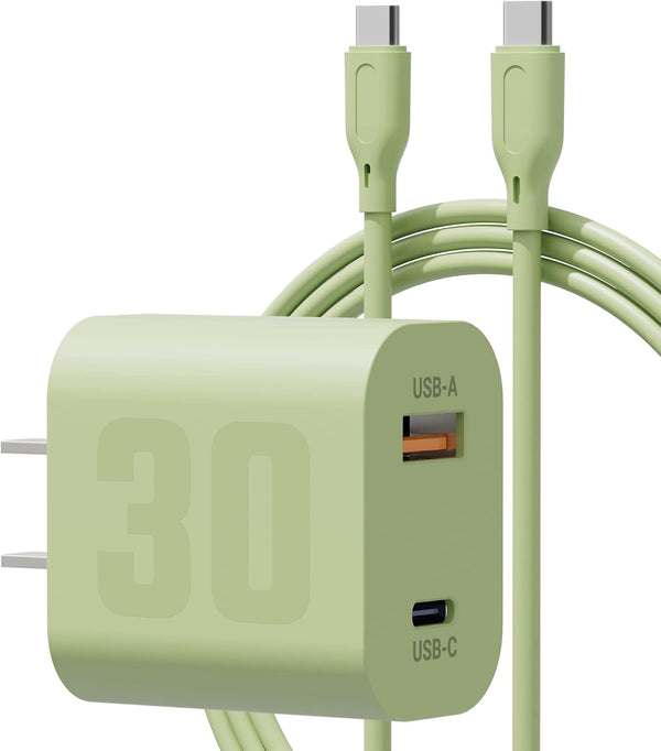 30W USB C GaN Charger for iPhone 15, Dual Port Fast Charging Block with Type C Charge Cable 5ft