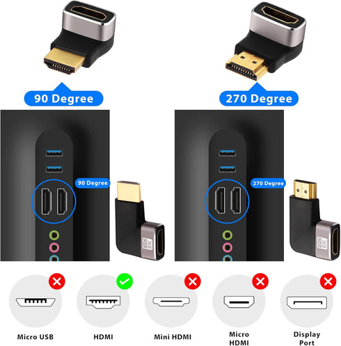 AIMHDUTY 8K 4-Pack 90 270 8K@60Hz,4K@120Hz,HDR,eARC HDMI Eblow HDMI Right Angle Adapter and Degree Gold Plated, Support