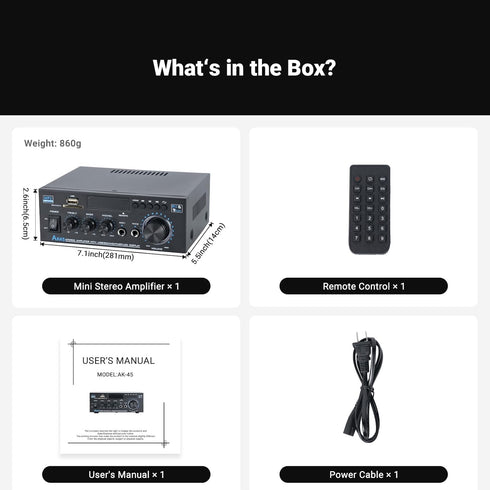 Stereo Receiver & Amplifier Home Audio Amp - AK45 Bluetooth Amplifier for Passive Speakers, 300Wx2, Bluetooth 5.0, 2