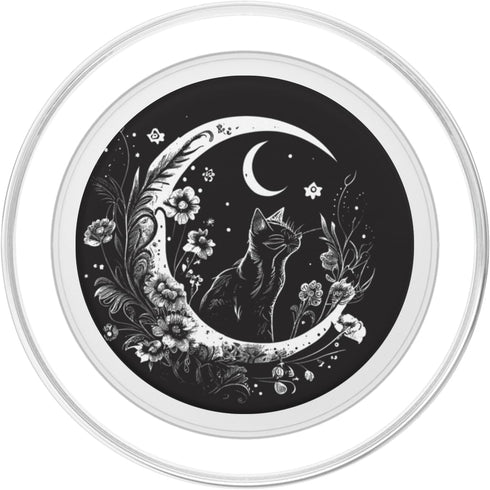 Cat Sitting On Crescent Moon Flowers Stars Drawing PopSockets PopGrip for MagSafe Phone Accessories