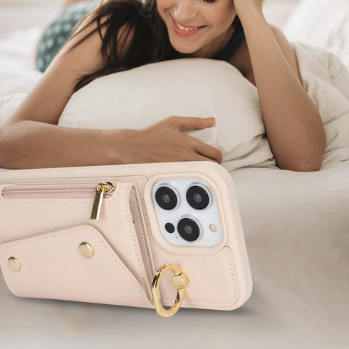 for iPhone 14 Pro Case with Card Holder and Strap, Zipper Pocket, Crossbody Lanyard Strap, Cute Phone Wallet Case