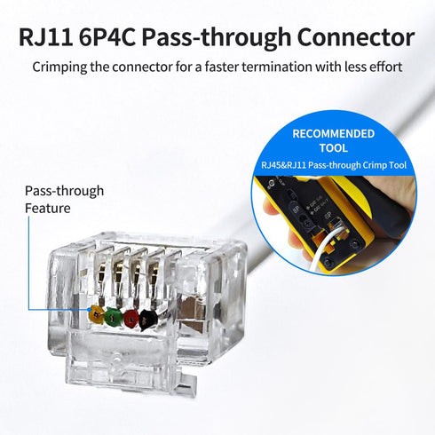 RJ11 6P4C Pass Through Connectors(25 Pieces Pack) Telephone Line Cable Wire Male Plug, AV00501