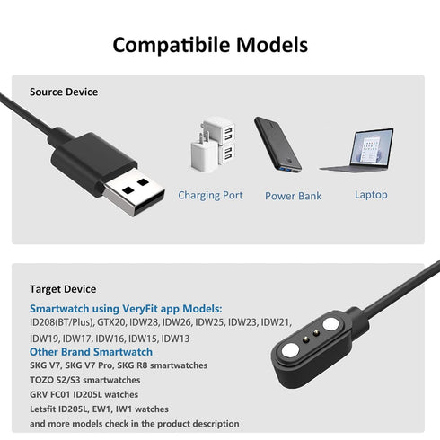 ID208, GTX20, IDW13/15/16/17, IDW19/20/25/26/28 3.3 VeryFit Smartwatch Charger, Fit for and More, Replacement Magnetic