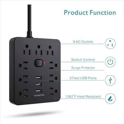 Power Strip Surge Protector with 9 Outlets, 3 USB Ports, Fireproof Desktop Charging Station, 5 ft Long Extension Cords,