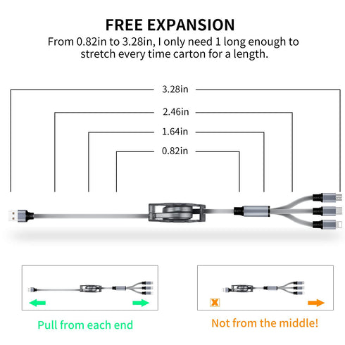 SDBAUX 3 in 1 Retractable Multi USB Charger Cable 2Pack, 3.3ft, Gray, Compatible with Cell Phones & Tablets.
