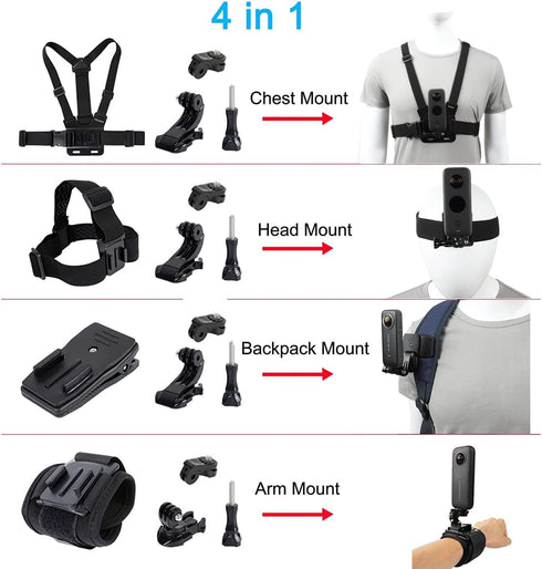 Accessories Kit for GoPro Hero 9, Insta360 One X4/X3/X2/X, Quick Release Head Strap, Chest Mount, 360 Wrist Strap