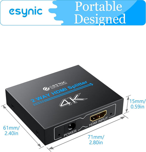 eSynic 4K/30HZ HDMI Splitter, 2 Way HDMI Splitter 1 in 2 Out for HDTV, PS4, Blu-ray Player