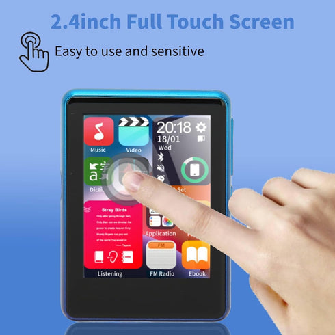 MP3 Player Bluetooth 5.0, Mini Portable Music Player with 2.4inch Full Screen, Supports FM Radio, Recorder, Ebook