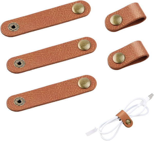 5 Pieces PU Leather Cord Organizer, Reusable Cable Keeper for Headphones and Earbuds (Brown)