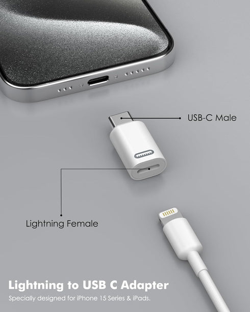 MoKo Lightning Female to USB C Male Adapter, 2 Pack USB-C to Lightning Adapter for iPhone 15/15 Pro/15 Pro Max/15 Plus, iPad Pro/Air, Support Fast Charging/Data Transfer, Not for Audio/OTG, White 35W