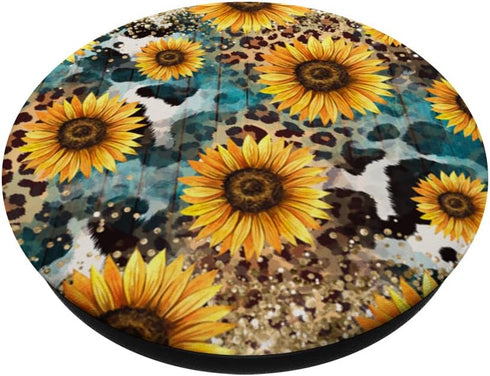 Cowhide Leopard Sunflower Boho Western PopSockets Standard PopGrip