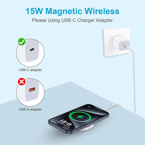 iPhone Magnetic Mag Wireless Charger Adapter - Car Fast Charging Compatible for iPhone 15 Plus/15