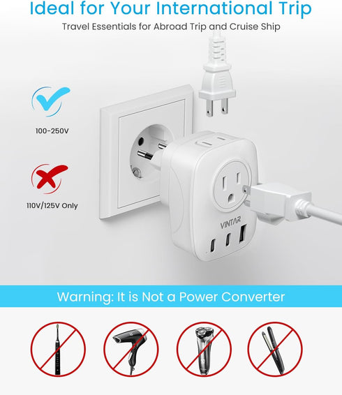 VINTAR European Travel Plug Adapter, Foldable International Power Plug with 2 AC Outlets 3 USB Ports for US to Europe