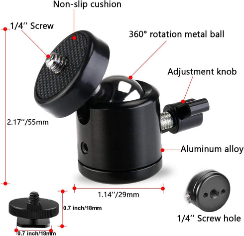 Universal 1/4" Swivel Mini Ball Head Screw Tripod Mount with Hot Shoe(2 Pack), Eszkozta 360 Degree Rotating Mount Base Adapter for DSLR Cameras HTC Vive Tripods Monopods Camcorder Light Stand…